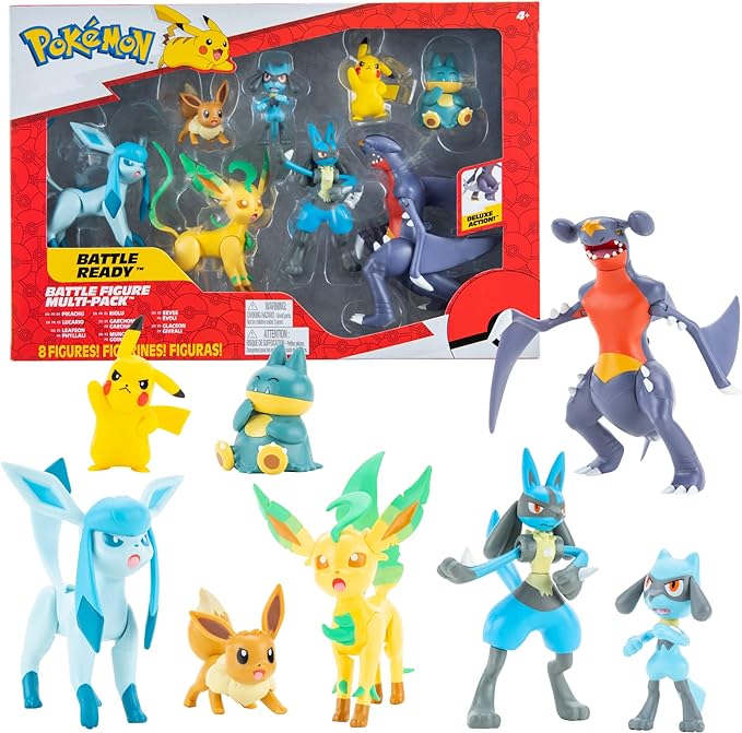 Pokemon Characters Set 8 Pack 5-11cm - Pokemon Games New 2023 - Garchomp, Pikachu, Eevee, Lucario, Riolu, Munchlax, Glaceon & Leafeon -Figurine Pokemon Action Figure - Official Pokemon Toys